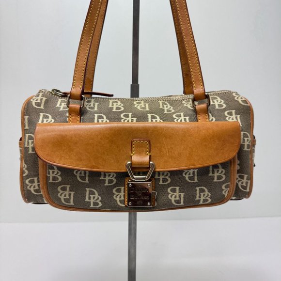 Dooney & Bourke Zip Top Jacquard Logo Pinch Front Lock Shoulder Bag Gray Brown - Picture 2 of 10